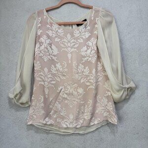 White House Black Market Blouse Womens XS Sheer Silk Damask Top Elegant